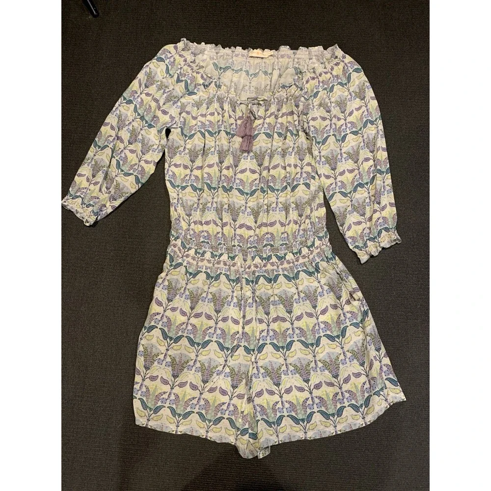 Tory Burch 100% Silk Mosaic Provence Pompeii Romper Size XL Purple‎ Floral